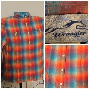 Wrangler Retro Women’s Western Snap Shirt Plaid Metallic Lurex Lightning Medium